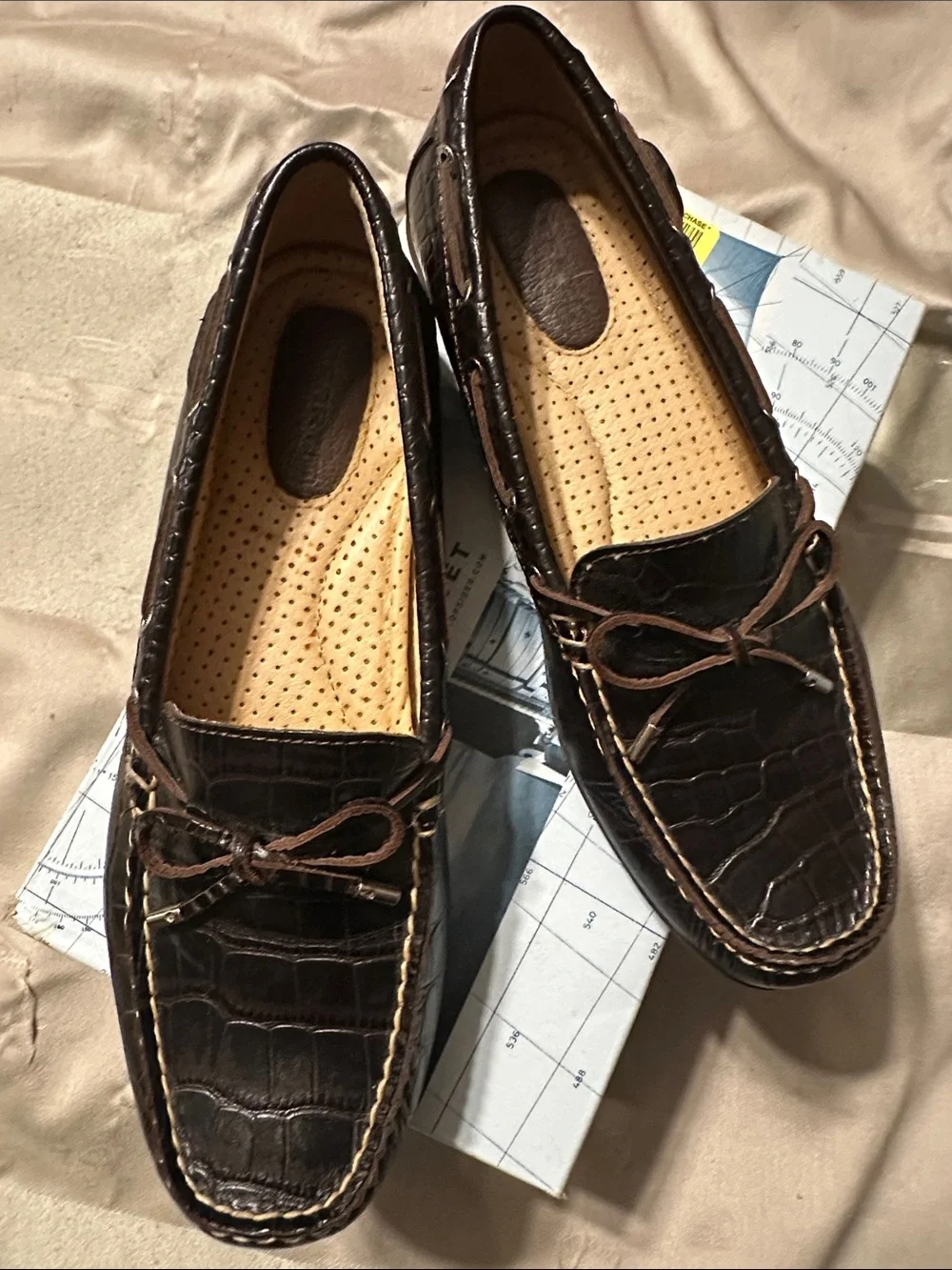 Women’s Sperry “Get Wet” Top Siders, Croc-Embossed Brown Leather Loafers